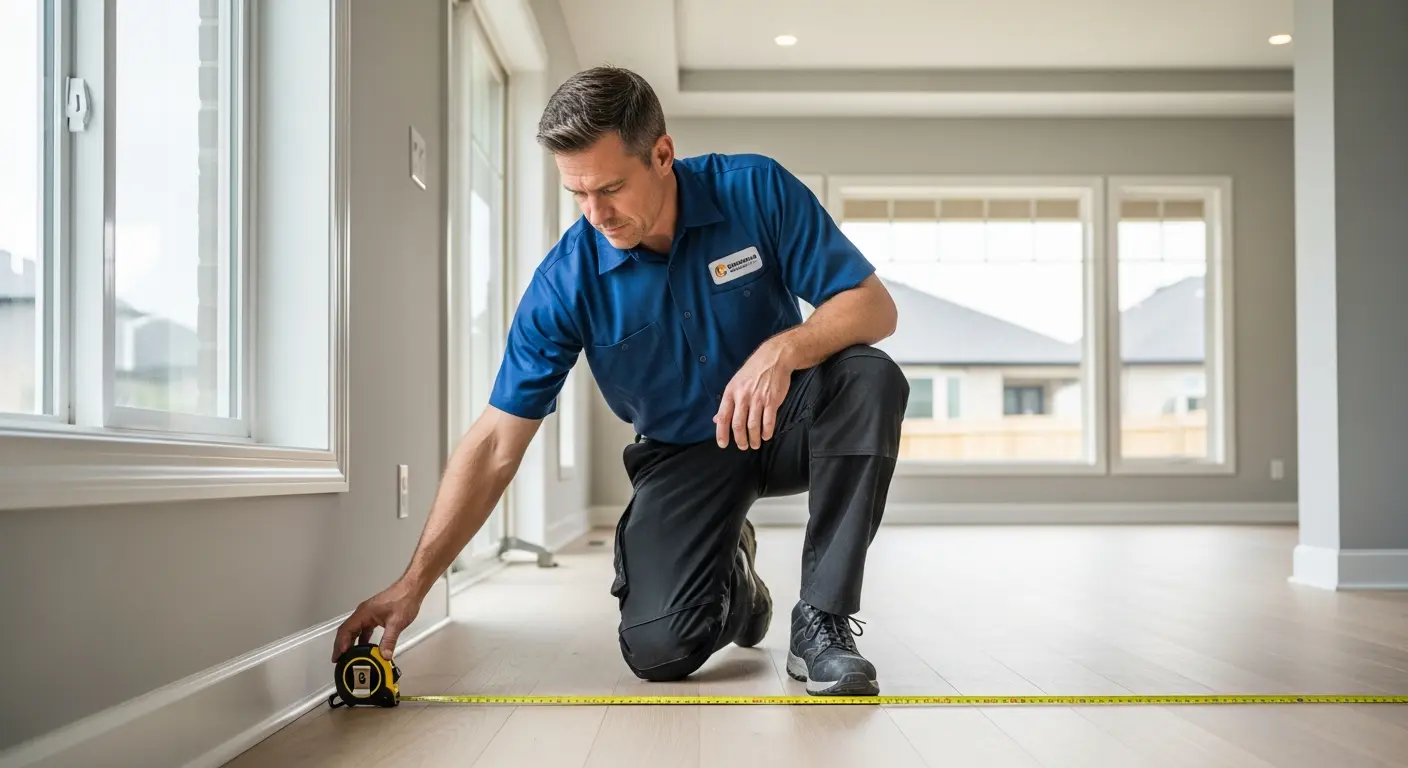 Professional flooring installer measuring a room in London