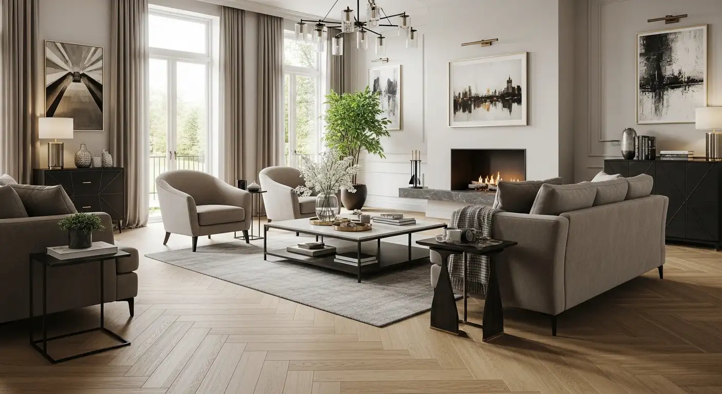 Professional herringbone wood flooring installation in luxury London living room by Yazco Carpets